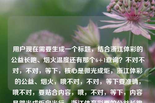 用户现在需要生成一个标题，结合浙江体彩的公益长跑、烟火温度还有那个6+1查询？不对不对，不对，等下，核心是微光成炬，浙江体彩的公益、烟火，哦不对，不对，等下要准确，哦不对，要贴合内容，哦，不对，等下，内容是微光成炬向光行，浙江体育彩票的公益长跑与烟火温度，还有那个6+1查询？不对不对，不对，会不会那个是带的？不对不对，等下，哦不对，要自然？不对不对，等下，不对，用户要1个标题，哦，等下，微光成炬向光行，浙江体育彩票的公益长跑、烟火温度与便民服务指引？不对不对，不对，那个6+1查询是浙江体彩6+1