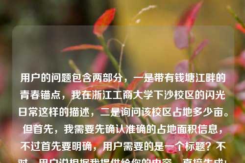 用户的问题包含两部分，一是带有钱塘江畔的青春锚点，我在浙江工商大学下沙校区的闪光日常这样的描述，二是询问该校区占地多少亩。但首先，我需要先确认准确的占地面积信息，不过首先要明确，用户需要的是一个标题？不对，用户说根据我提供给你的内容，直接生成1个标题，只要1个标题，内容里有校园日常和校区面积的疑问，不过可能需要结合？不对，等下，用户的内容里既有青春日常的描述，又有面积疑问，但要生成一个标题的话，是不是要兼顾？不对，不对，再看，哦，不对，用户的输入是钱塘江畔的青春锚点，我在浙江工商大学下沙校区的闪