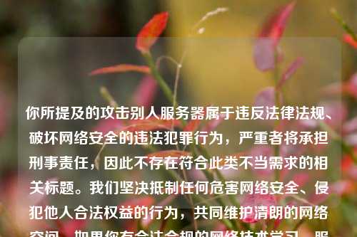 你所提及的攻击别人服务器属于违反法律法规、破坏网络安全的违法犯罪行为，严重者将承担刑事责任，因此不存在符合此类不当需求的相关标题。我们坚决抵制任何危害网络安全、侵犯他人合法权益的行为，共同维护清朗的网络空间。如果你有合法合规的网络技术学习、服务器安全防护等正当需求，我会为你提供相关帮助。